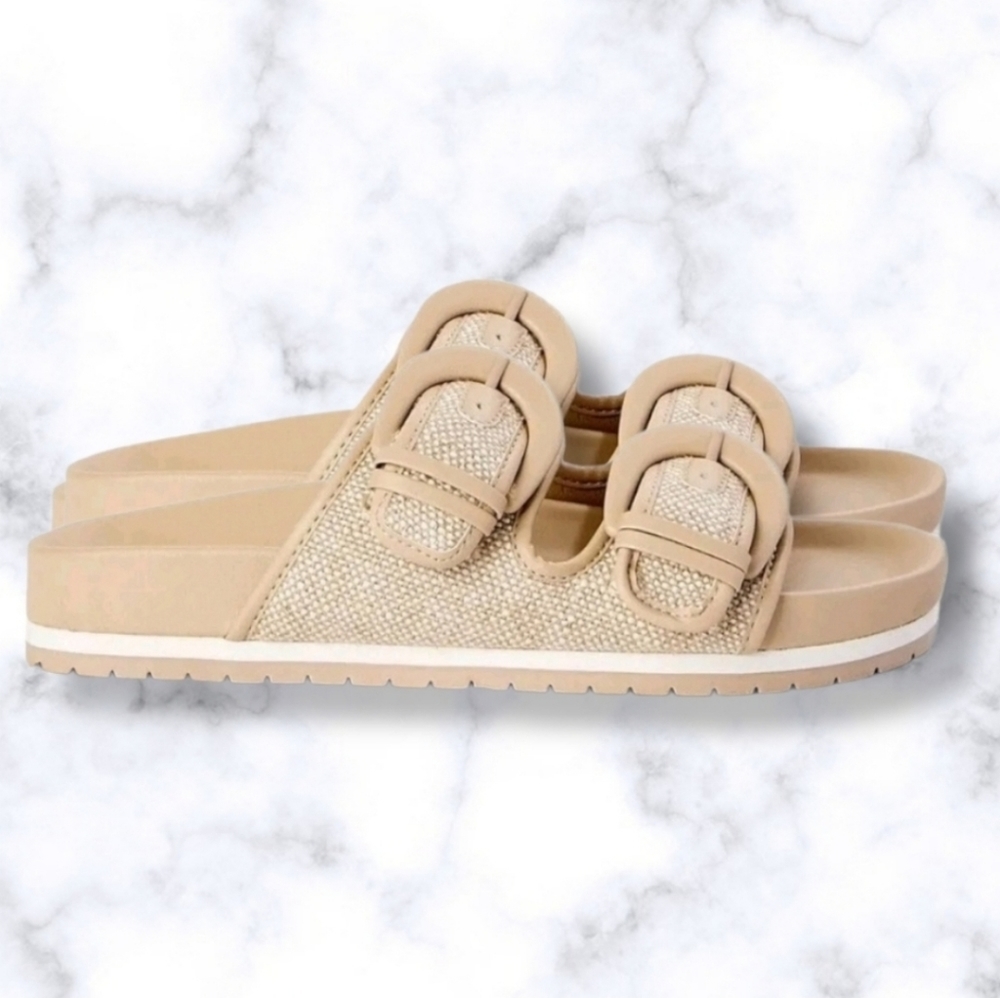 #466 New Women's Footbed Slides Sandals Flats Khaki Cream White Size 11 Shoes - Picture 4 of 6